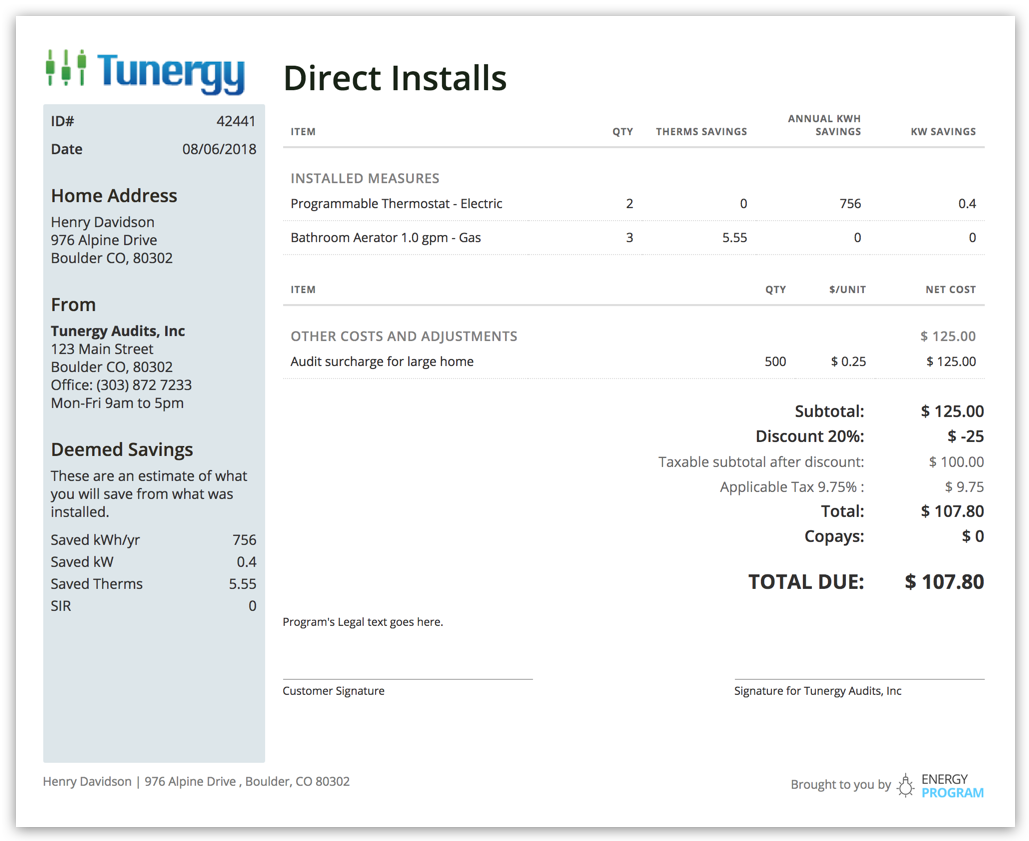 Direct install program report page in residential energy auditing software